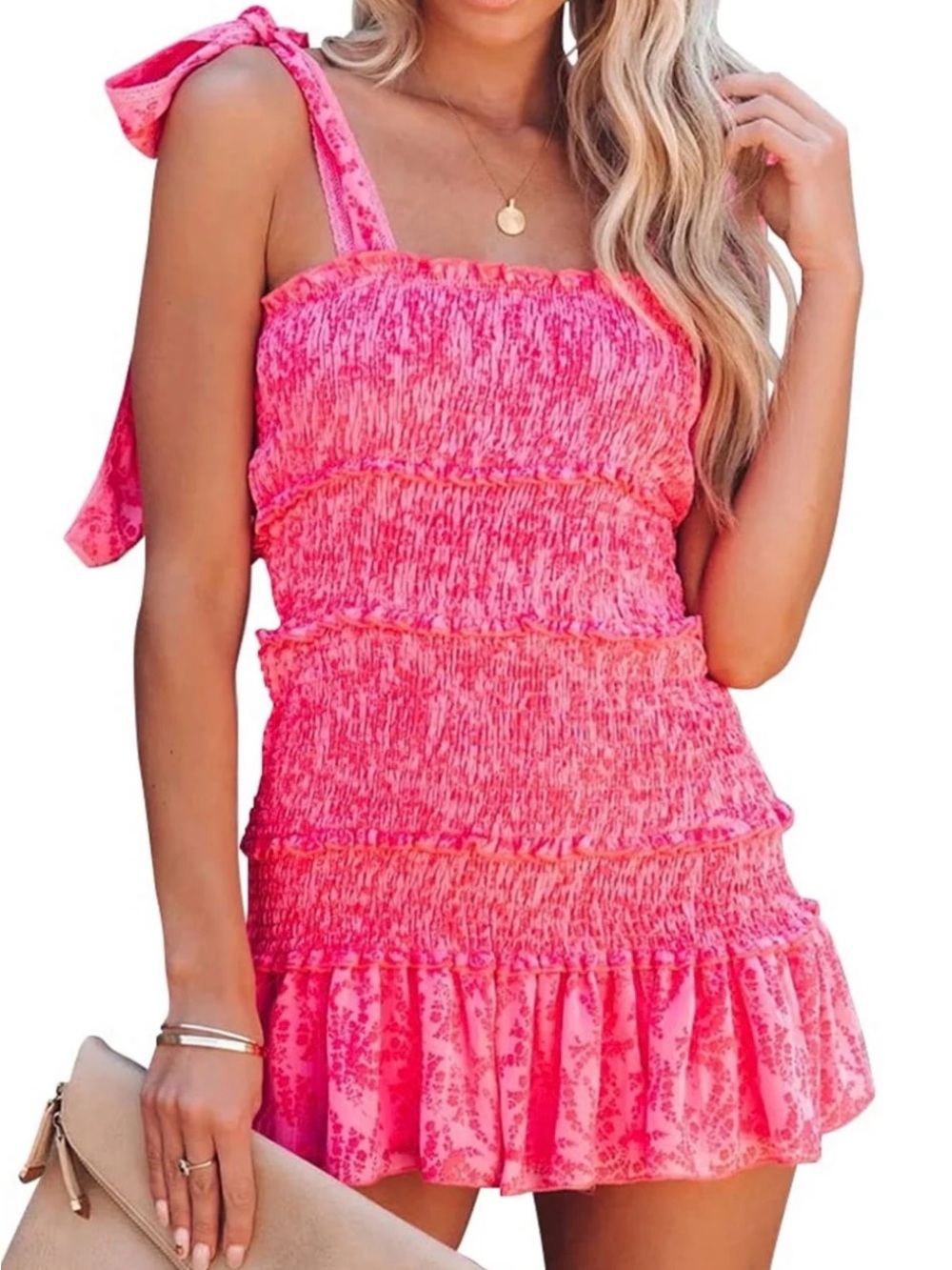 SHEIN Pink Smocked Tie-Shoulder Mini Dress